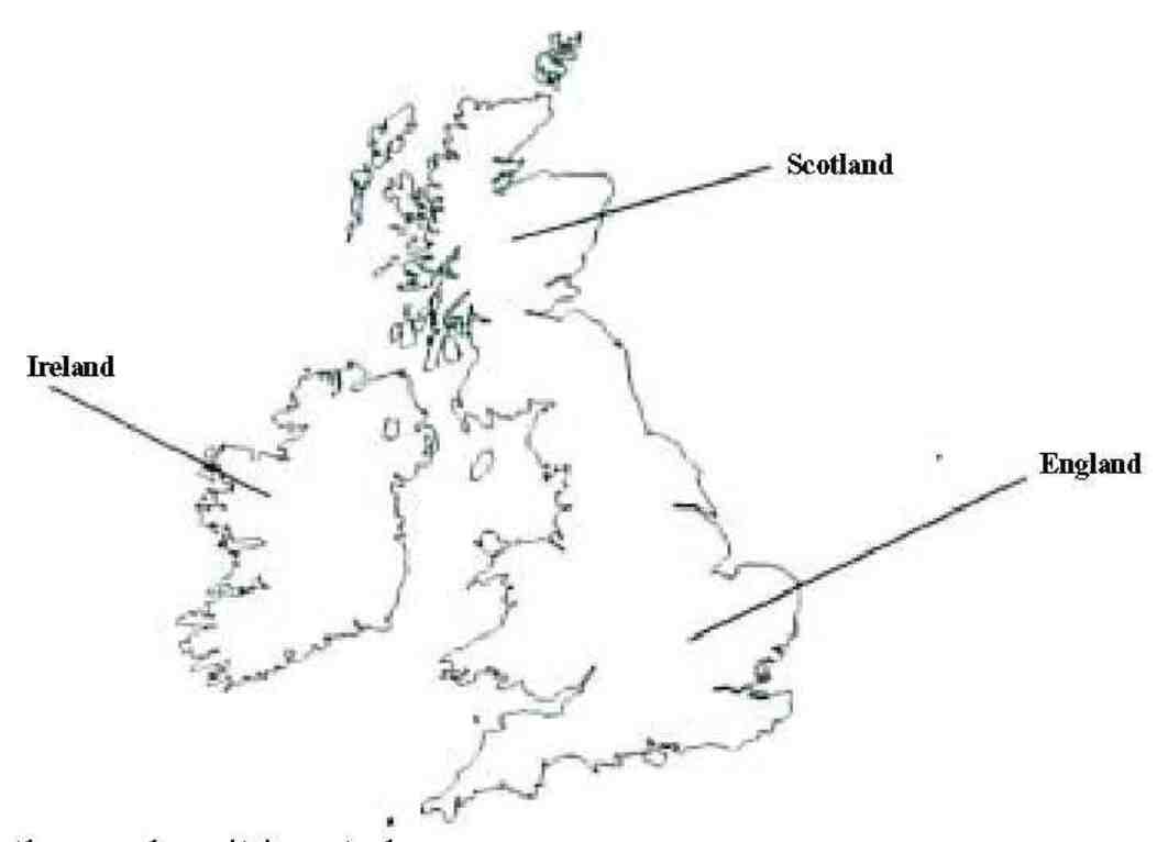 Map showing Ireland, Scotland, and England